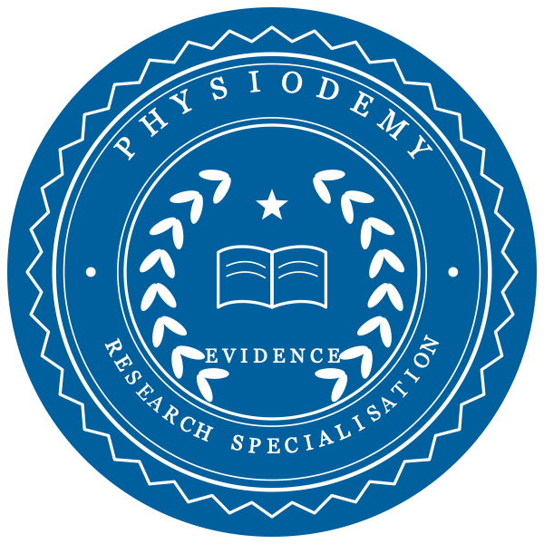 Evidence Searcher badge: a round blue seal with an open book, a star and laurel branches